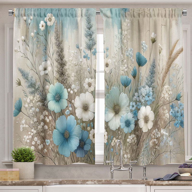 Pale Blue Floral Polyester Kitchen Curtain Set