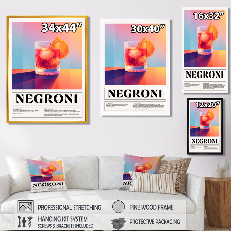 Décoration murale verre à l'ancienne «Negroni On The Rocks», H 20 po x l 12 po x P 1 po, Toile encadrée noire simple