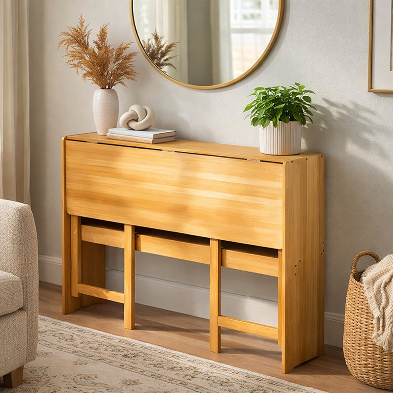 Bureau pliant en bambou avec tablette de rangement Wosnda, Bois naturel