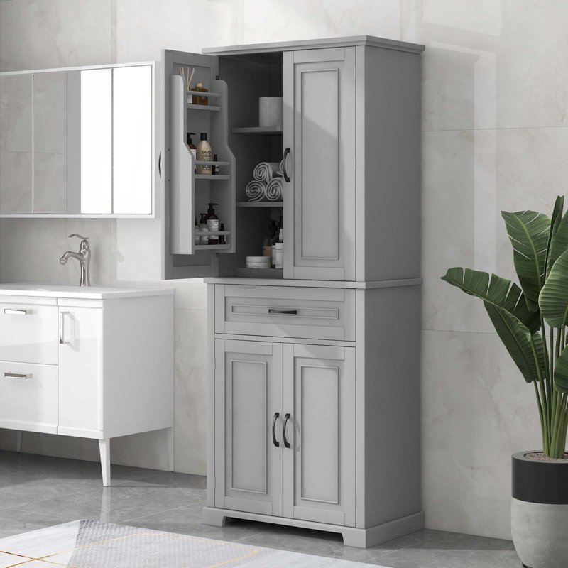 Armoire de rangement pour salle de bain avec portes et tiroir, plusieurs espaces de rangement, tablette réglable, Gris