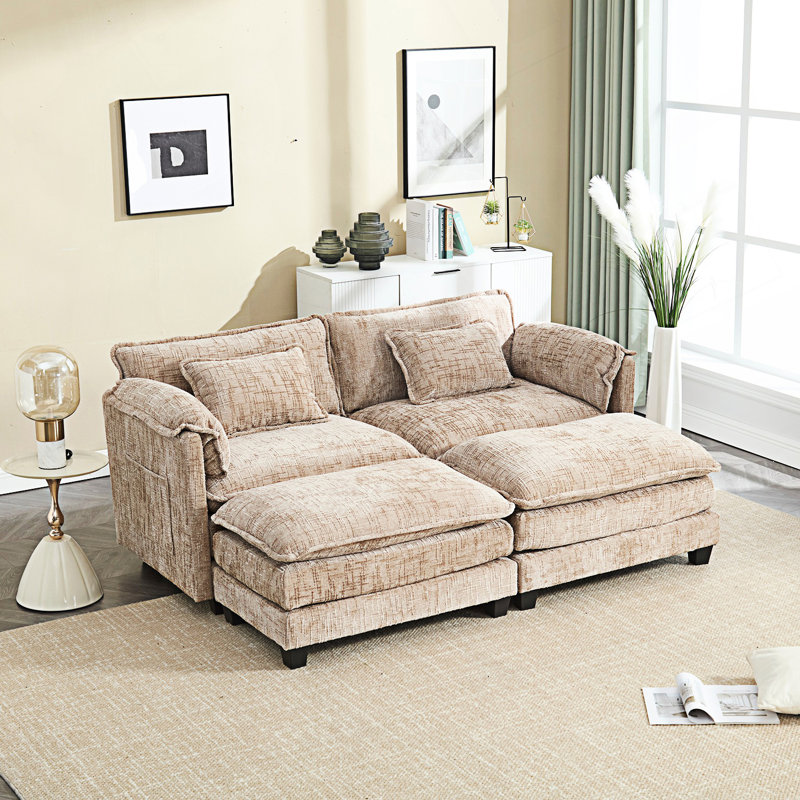 Zuri Upholstered 2-Seater Sectional Sofa with Ottomans, Camel Chenille