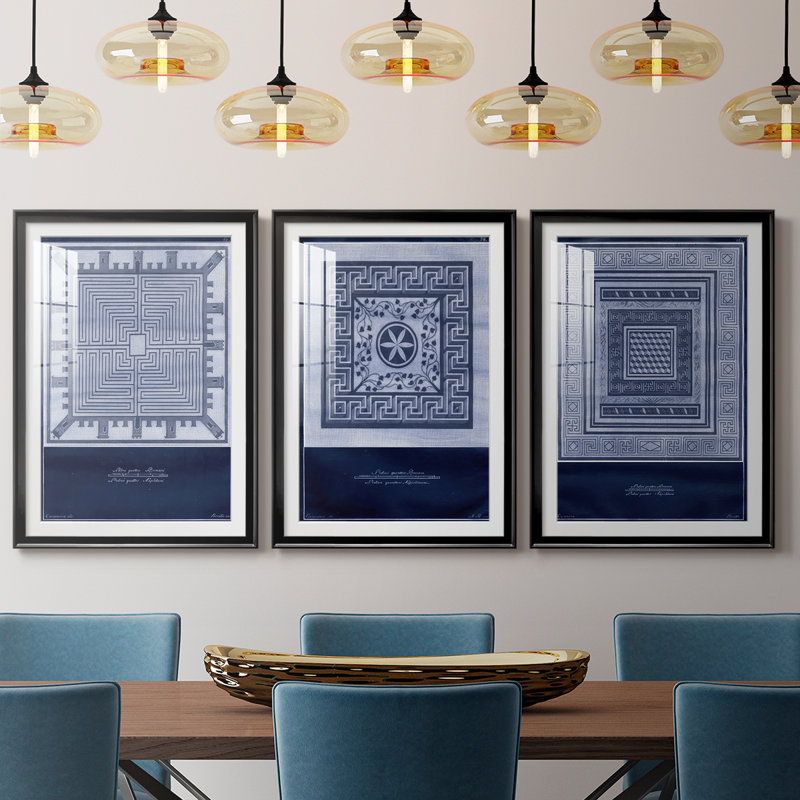 Indigo Tile I - Impression encadrée sur mesure de qualité supérieure mate - 3 pièces, Noir, H 21 po x l 30 po
