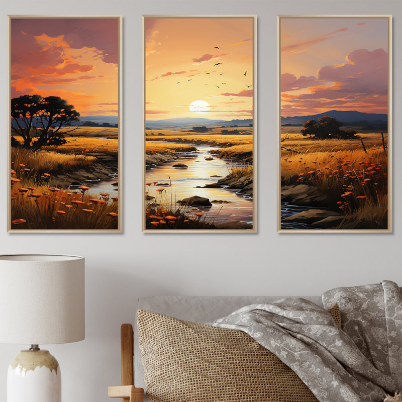 Ensemble de décorations murales Prairies Landscape Fusion At Sunset, Cadre naturel flottant, H 32 po x l 48 po x P 1 po