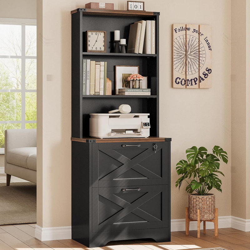 2 Drawer File Cabinet With Lock, Wood Filing Cabinet Fits Letter, Legal, A4 Size, Hanging File Folders, Farmhouse File Cabinets For Home Office With Adjustable Storage Shelf