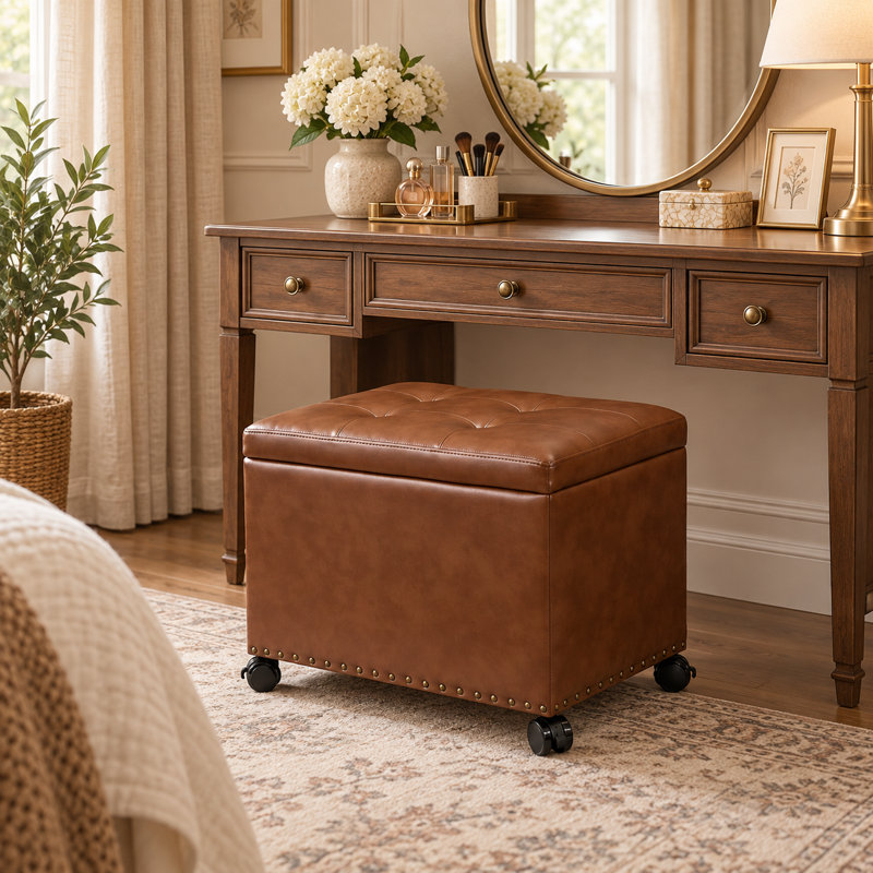 Repose-pieds de rangement en similicuir 22 po avec plateau rabattable et roulette, Yellowish Brown
