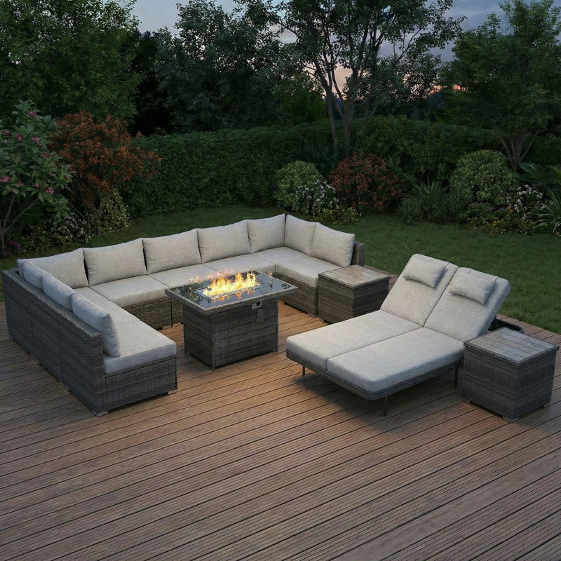 12-Piece Outdoor Conversation Seating Sectional Set With Fire Pit Table And Double Chaise Lounge, Light Gray