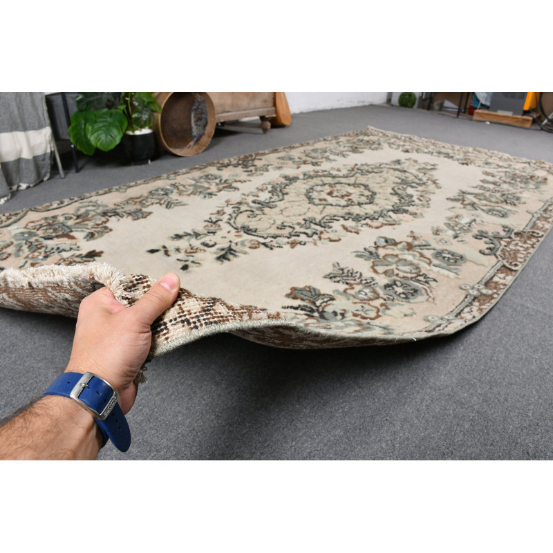 Grand tapis turc Anatolian rétro beige pour la salle à manger ou le salon, fabriqué en laine beige / vert