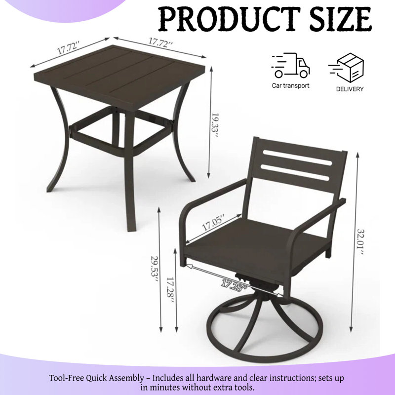 Ensemble de patio extérieur pivotant en métal avec 2 fauteuils et une table UnaLido, compact et durable
