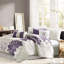 Édredon en coton imprimé simple / simple TG - gris taupe / mauve avec taies décoratives et coussins brodés