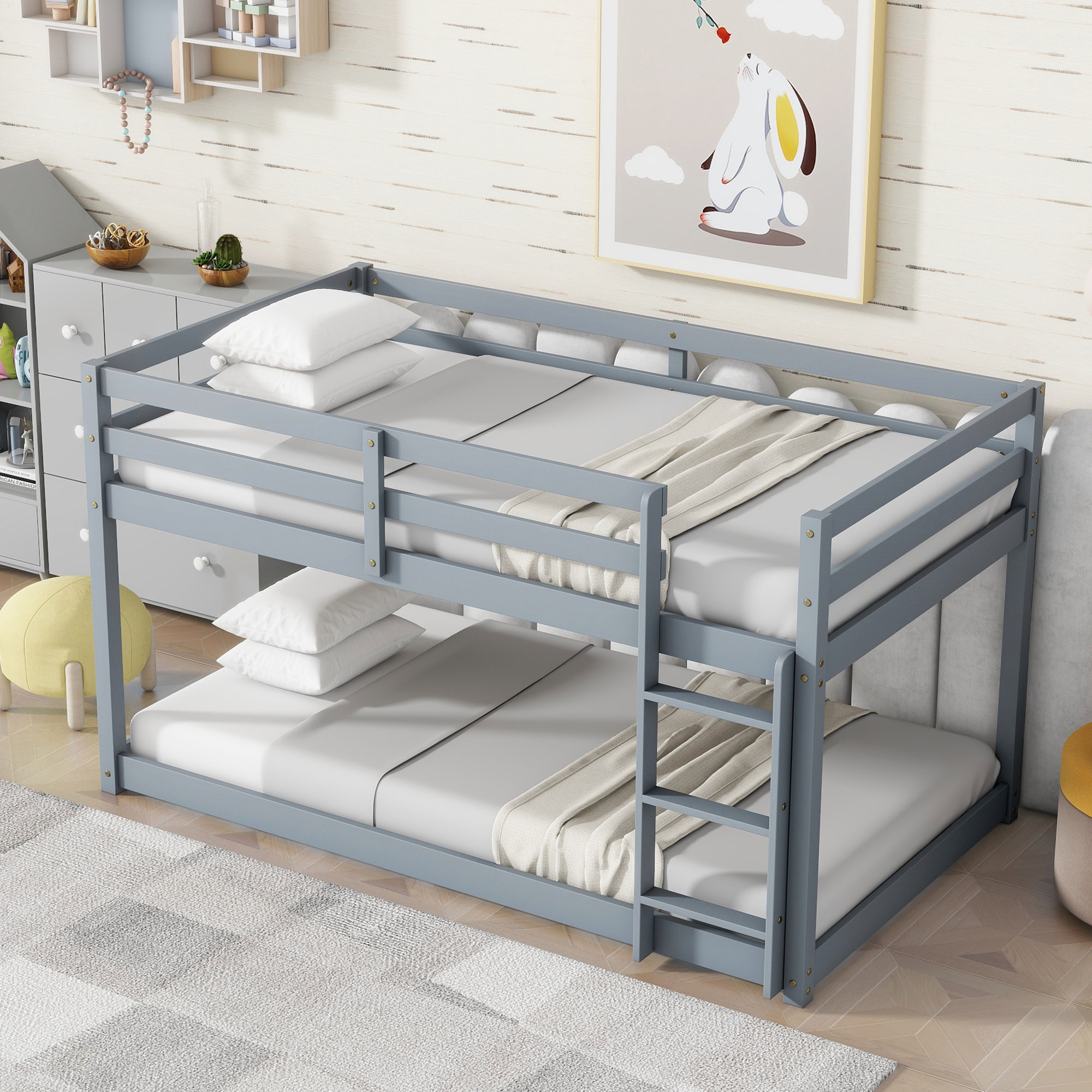 Ophelia & Co. Solid Wooden Twin Over Twin Floor Bunk Bed With Ladder ...