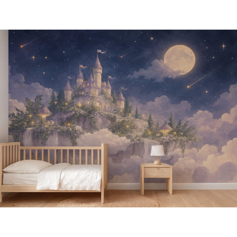 Fairy Castle Night Sky Wallpaper Mural, Peel and Stick Kids Room Wall Mural, Watercolor Nursery Wallpaper Made to Measure