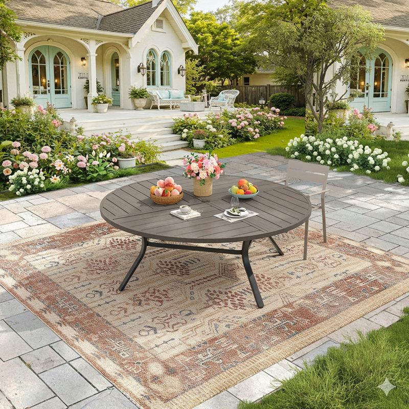 60" Patio Metal Round Dining Table With Slatted Tabletop, Black, Gray Woodlike