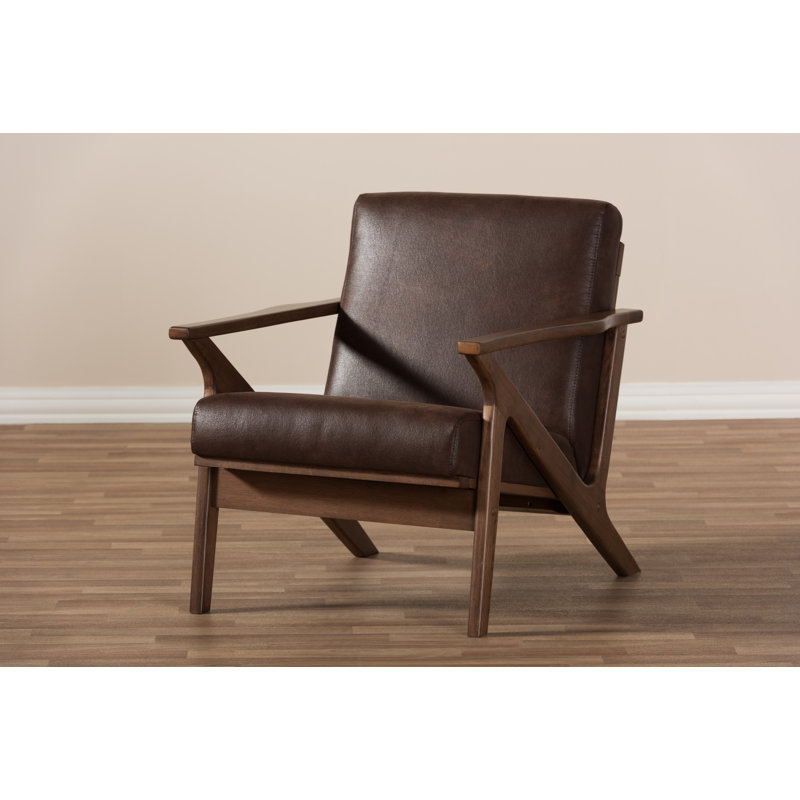 Kiger Bianca Mid-Century Modern Wood Distressed Faux Leather Effect Lounge Chair