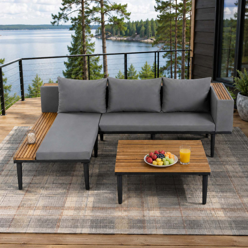 Ensemble de canapé d'extérieur moderne en bois d'acacia avec coussins résistants à l'eau et table basse pour terrasse, Grey