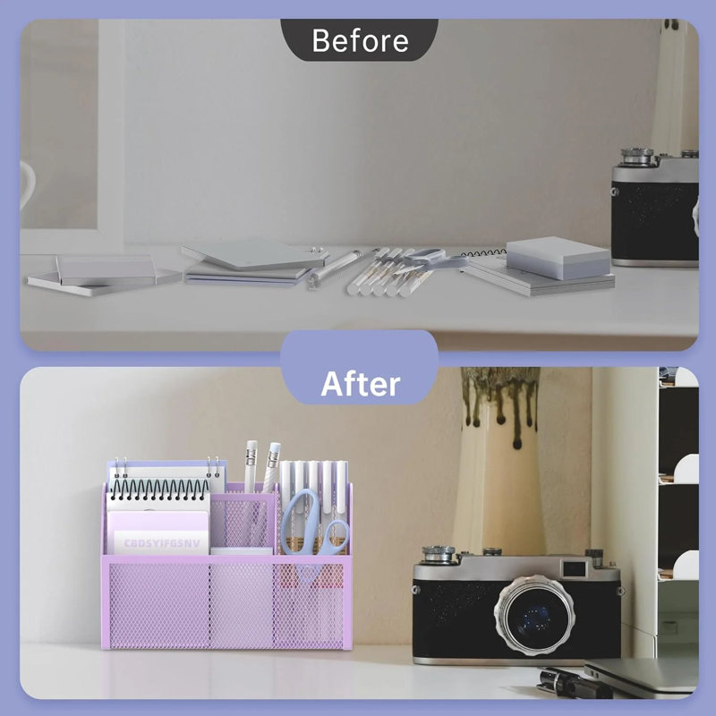 Boîte de rangement magnétique à 3 grilles avec porte-stylo, panier d'organisation magnétique en métal, Mauve