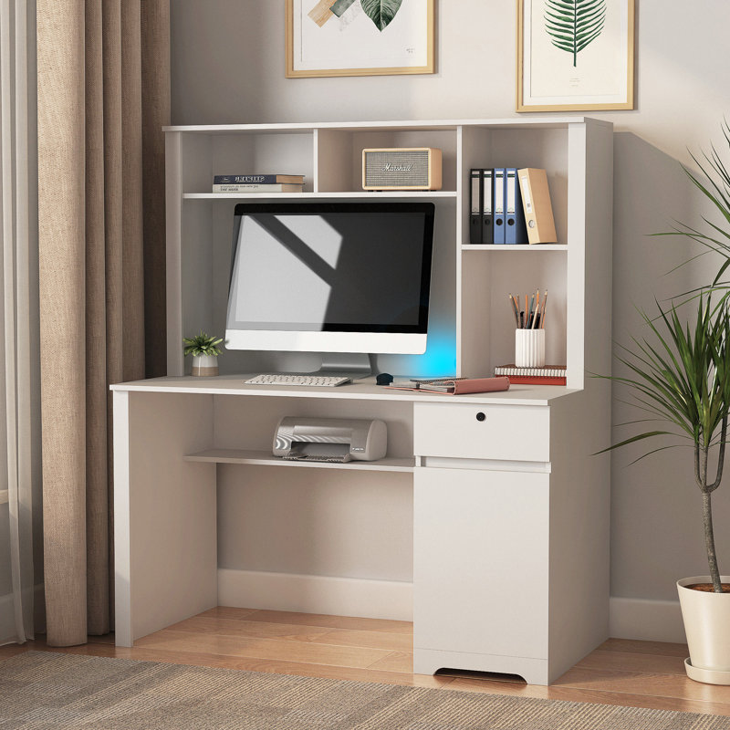 Bureau d'ordinateur blanc moderne avec tablettes et armoire de rangement, espace de travail réglable