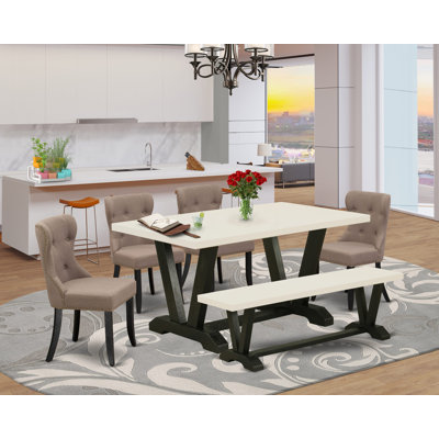 6-piece Dining Table Set with Limelight Linen Fabric Seat - Button Tufted Chair Back Dining Chairs and Dining Bench - Cement Rectangular Table - Distressed Jacobean Finish
