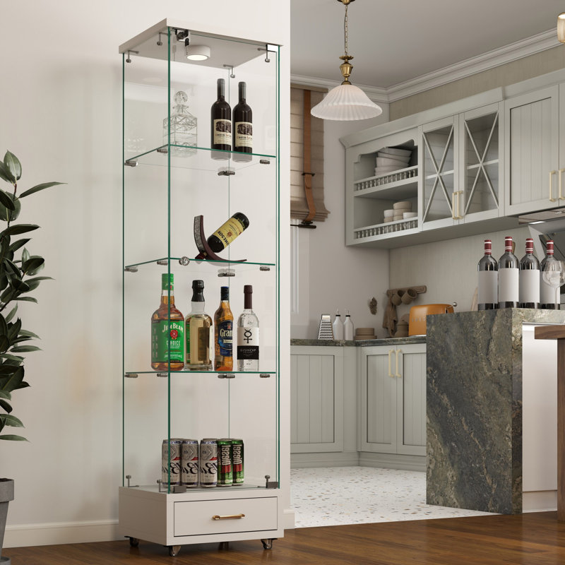 Modern Glass Display Cabinet With Drawer, White