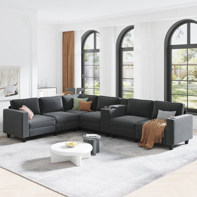 Marlon L-Shaped Corduroy Sectional Sofa with Storage & Cup Holders