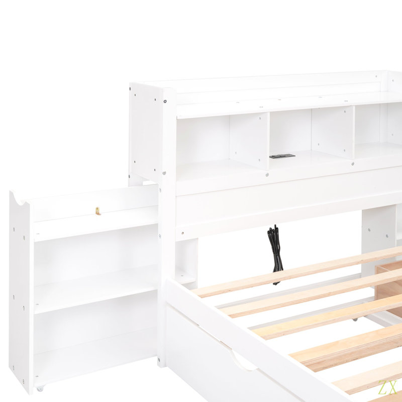 Lit plateforme pleine grandeur avec tablettes coulissantes, lit gigogne simple et 2 tiroirs, Blanc