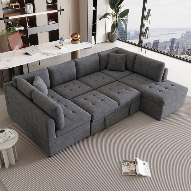 Canapé-lit modulaire surdimensionné en U de 117,3 po avec deux coussins décoratifs pour salon, gris