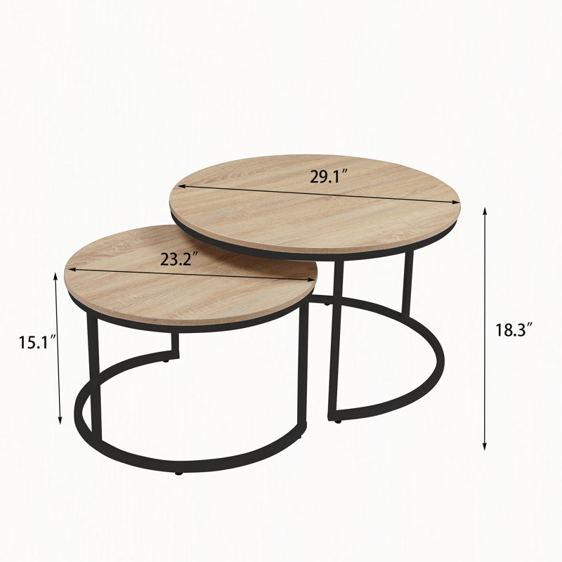 Ensemble de 2 tables basses gigognes rondes, style industriel, finition chêne naturel, conception peu encombrante