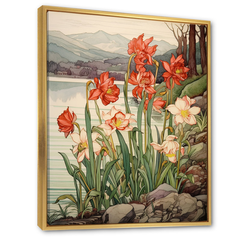 Tulipes rouges en fleurs - Illustration rétro I - impression, H 40 po x l 30 po x P 1,5 po, Cadre flottant doré
