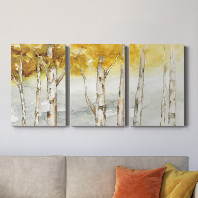 Golden Trees - Toile tendue avec châssis de qualité supérieure - Prêt à être accroché, H 12 po x l 24 po x P 1 po