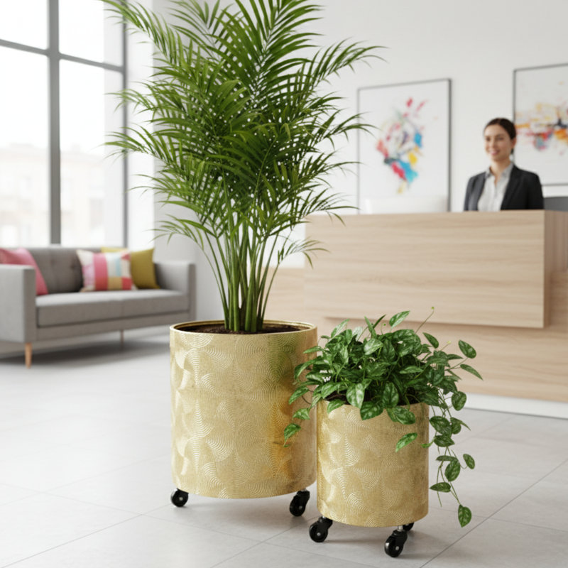 Ensemble de pots à fleurs dorés en métal avec roues et bouchon de vidange, pot d'intérieur pour plantes fraîches ou artificielles