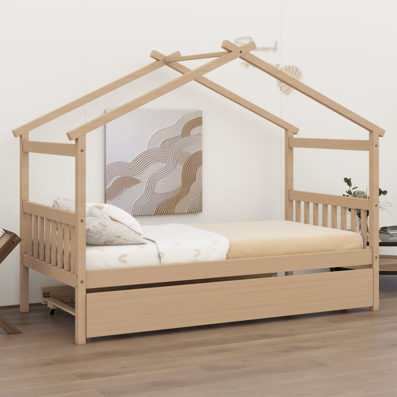 Lit en bois avec lit gigogne simple, Naturel, Lit simple