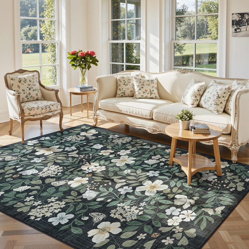  Floral Washable Area Rug Non-Slip Stain Resistant Low-Pile Boho Large Indoor Throw Carpet, Green/Black/White