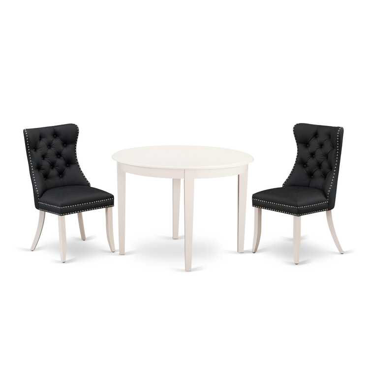 3-Piece Linen White Finish Round Solid Wood Top Dining Table Set