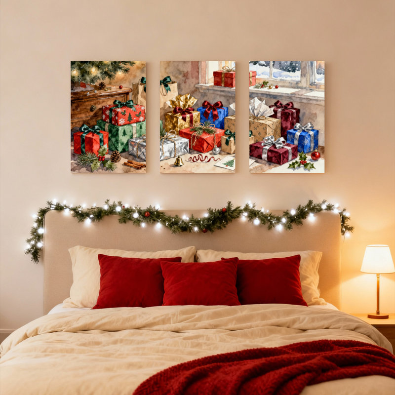 Ensemble de 3 boîtes-cadeaux de Noël et décorations de fêtes sur toile tendue, H 18 po x l 36 po