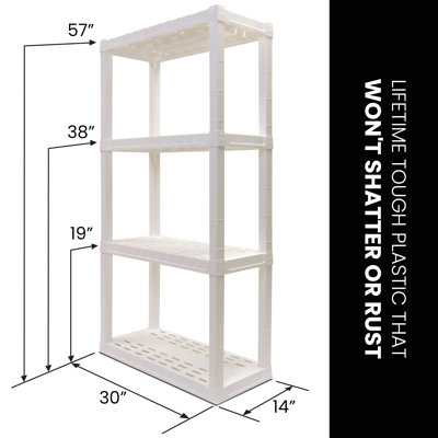 Étagère de rangement robuste à 4 niveaux pour garage, garde-manger et buanderie, l 30 po x P 14 po x H 57 po, blanc