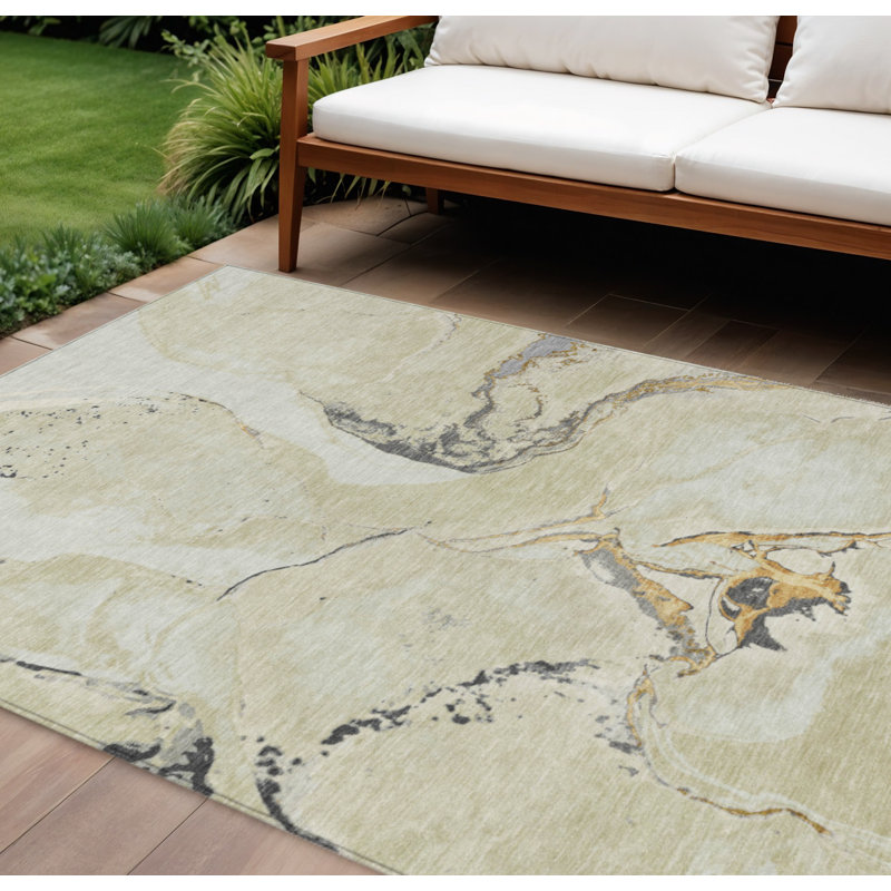 Tapis extérieur lavable abstrait gris et or 8 pi x 10 pi ivoire