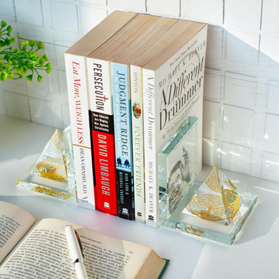Crystal Bookends For Shelves 1 Pair, Glass Decorative Book Ends, Non-Skid Book Stopper For Heavy Books, Book Organizer For Home Office School Supplies
