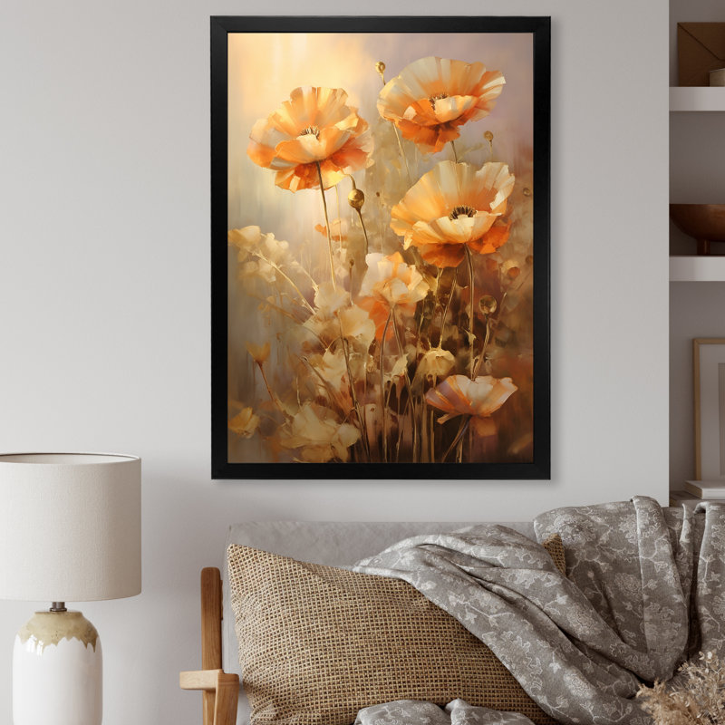 «Poppies Bronze Brilliance I», reproduction d'art sur toile, Cadre simple noir, H 44 po x l 34 po x P 1,5 po