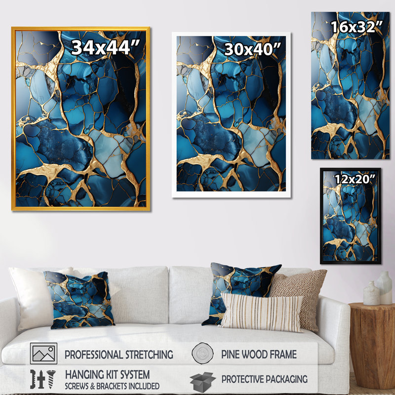 Or et mosaïque de marbre bleu saphir VI, Cadre flottant doré, 20" H x 12" W