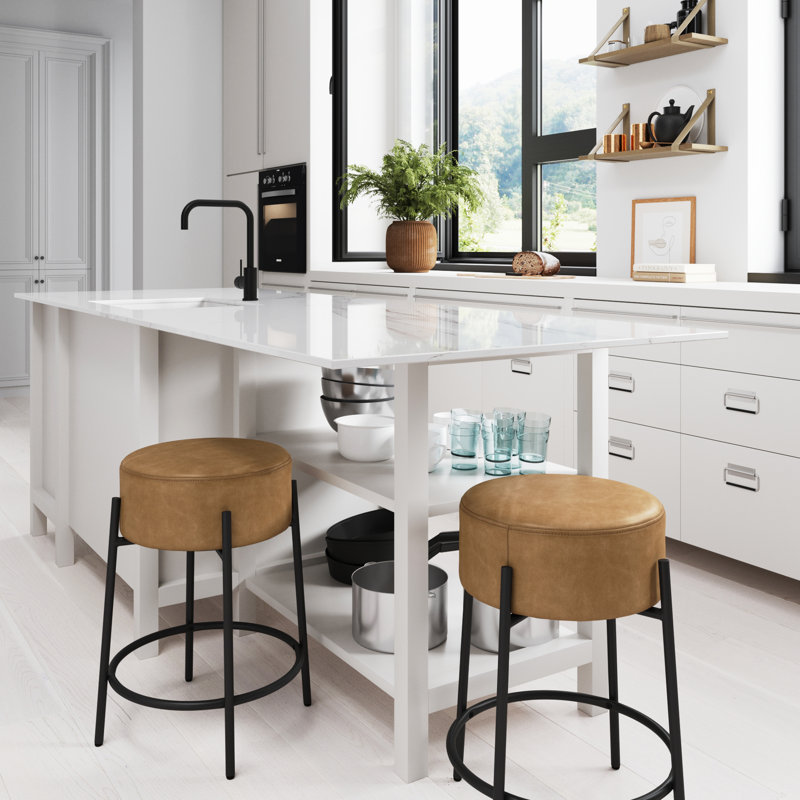 Upholstered Counter Stool with Metal Frame, Counter Stool (24" Seat Height), Light Brown Polyester/Matte Black Frame, 1