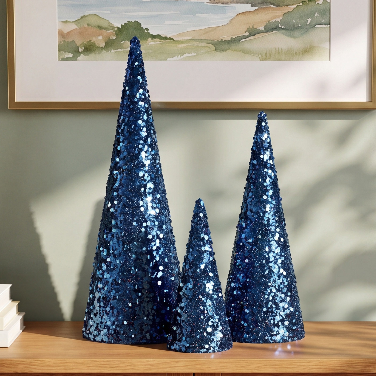3-Piece Sequin Cone Tabletop Tree Set, Midnight Blue