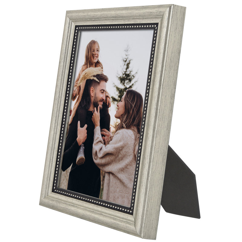 Cadre photo rétro avec détails perlés avec verre incassable et chevalet, Argent argent, L 4 po x H 6 po
