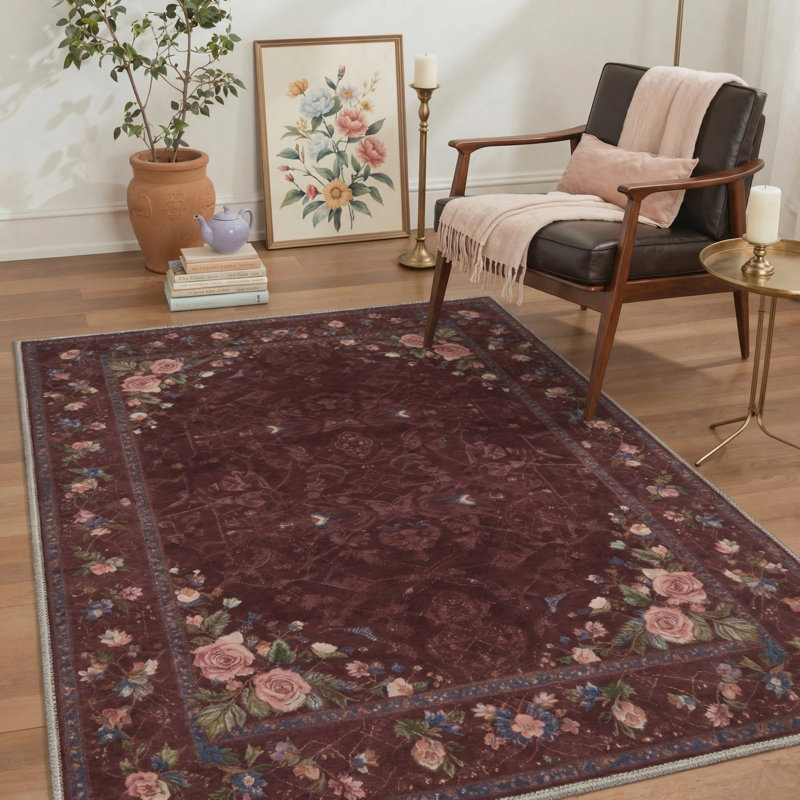 Alameda Roselyn Vintage Floral Machine Washable Red / Pink / Green Indoor Area Rug with Non-Slip Backing, Rectangle 6' x 9'