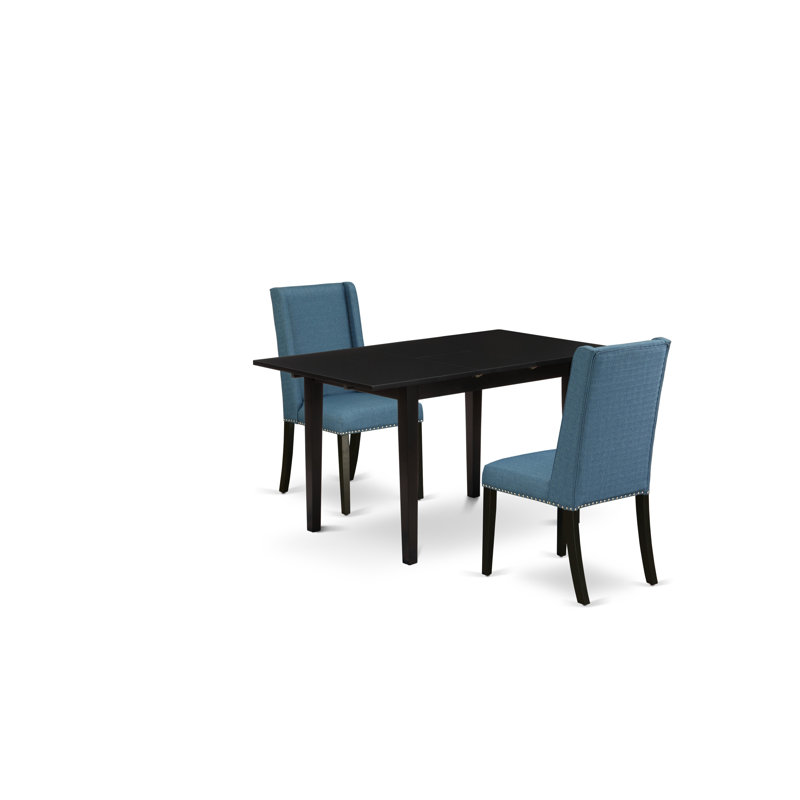 L'ensemble de 3 tables de salle à manger modernes comprend une table rectangulaire en bois avec feuille papillon et 2 chaises rembourrées en tissu de lin bleu, noir