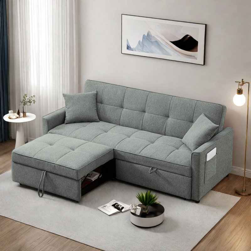 3 In 1 Convertible Sleeper Sofa Bed With Reclining Backrest, Pillows And Side Pockets, Gray