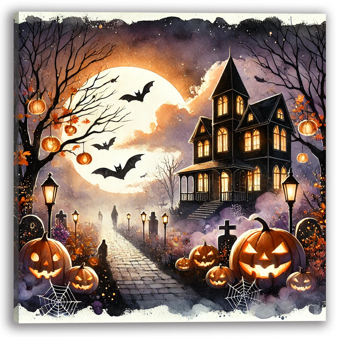 Spooky Halloween Night with Haunted House and Pumpkins Wrapped Canvas Wall Art The Holiday Aisle® Overall 