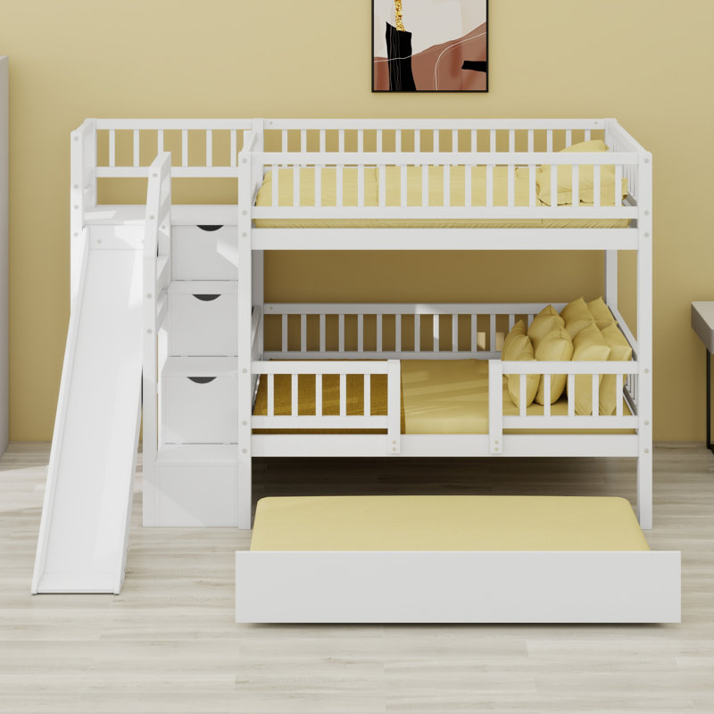 Lit superposé moderne pour enfants, glissière et gigogne d'escalier de rangement pratique, White