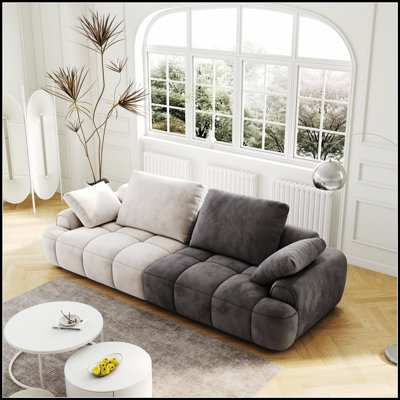 86.6 Inch Large Two-Seat Sofa, Modern Upholstered In Beige And Grey Suede, Perfect For Elegant Living Spaces