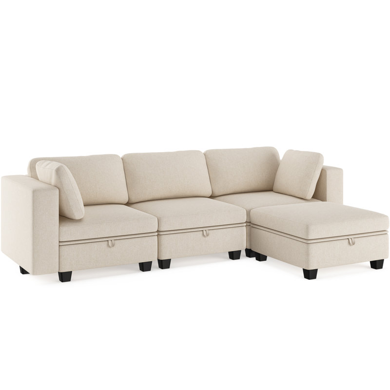 110‘’ Oversize Sectional L-Shape Sofa With Storage Compartment, Beige Fabric
