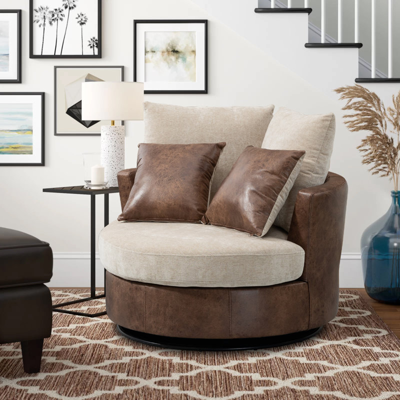 Dahlonega Swivel Barrel Chair, Brown Leathaire/Beige Chenille, 33.6'' H x 40'' W x 35'' D