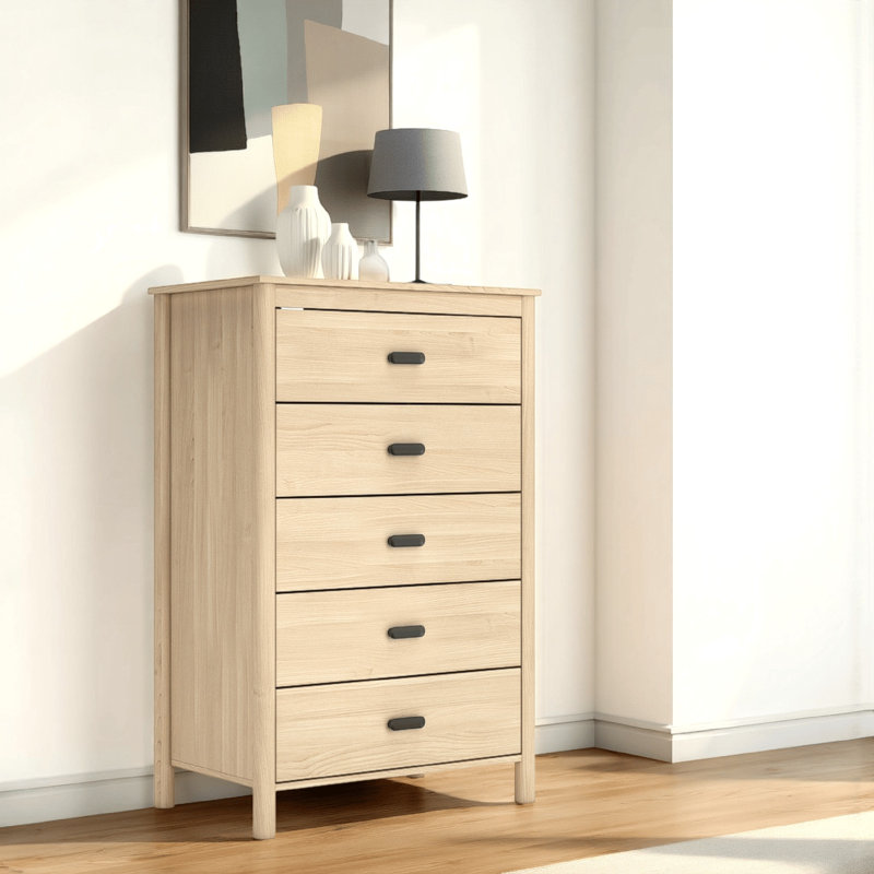 Grande commode Abis, 5 tiroirs, bois brun naturel, noir, 50 po